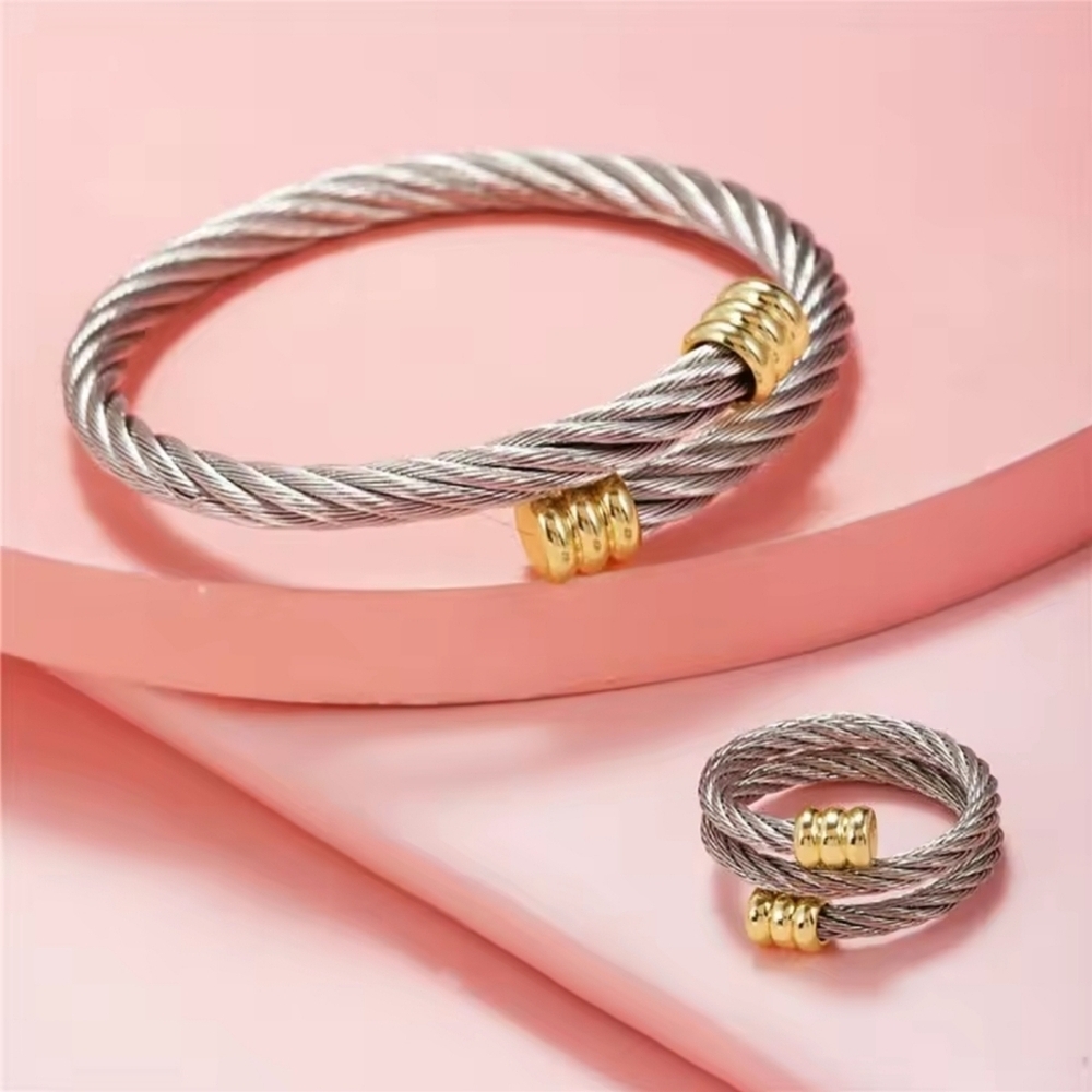 Stainless Steel Silver and Gold Twisted Bracelet and Ring Set